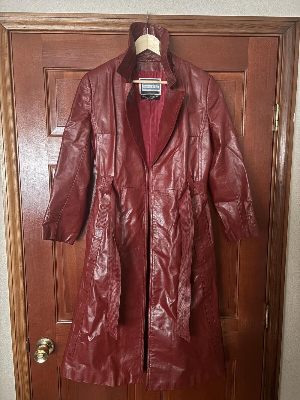 Vintage Suburban Heritage Burgundy Leather Trench Coat – Women’s Size 12